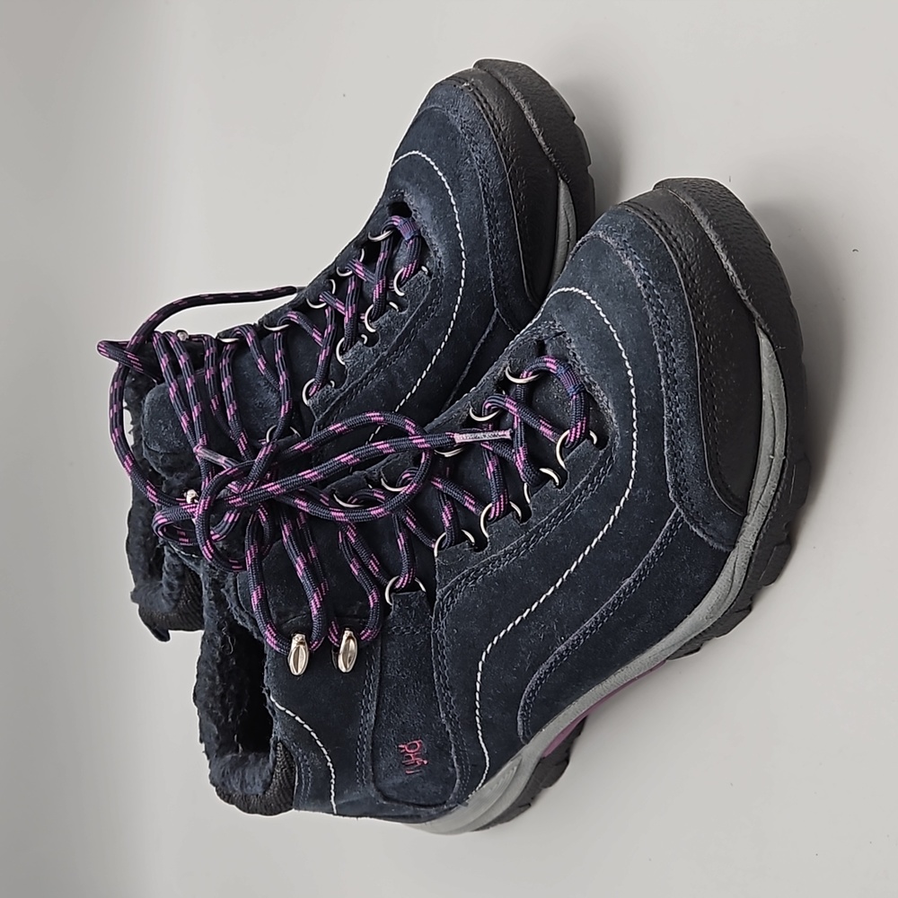 Ryka Canyon Shearling Suede Ladies Size 8.5 Hiking Boots Navy Blue Pink Accents